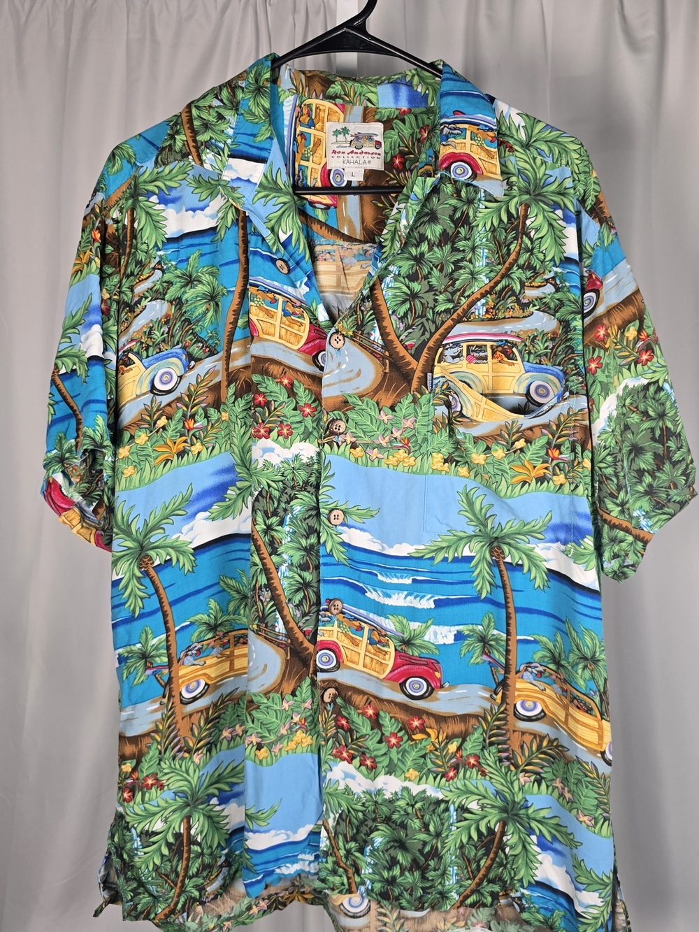 Vintage Kahala Ron Anderson Collection Shirt L Blue Green Hawaiian Dogs Car